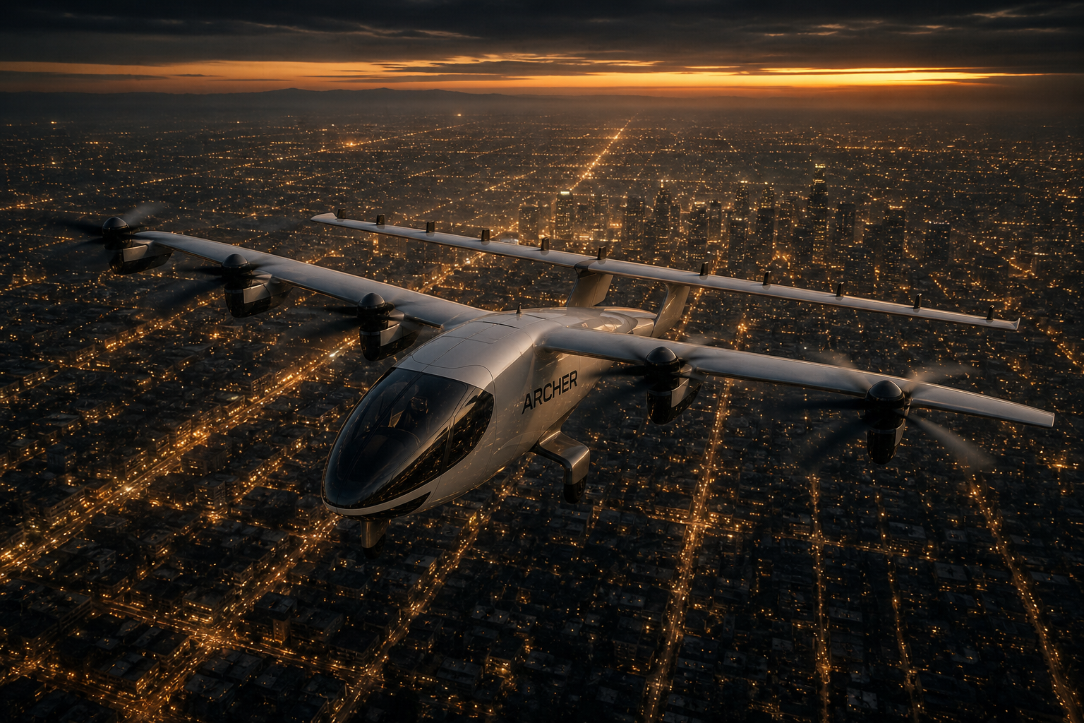 Concept render: an Archer-style eVTOL in cruise flight over the Los Angeles basin at dusk