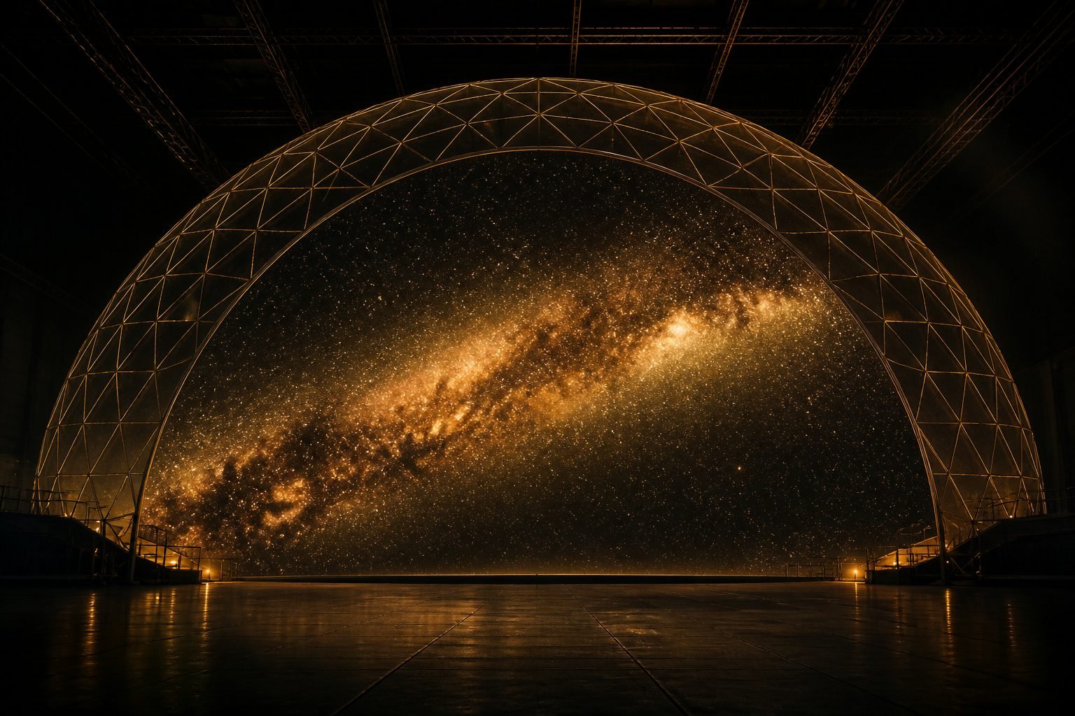 Concept render: geodesic projection dome inside a sound stage