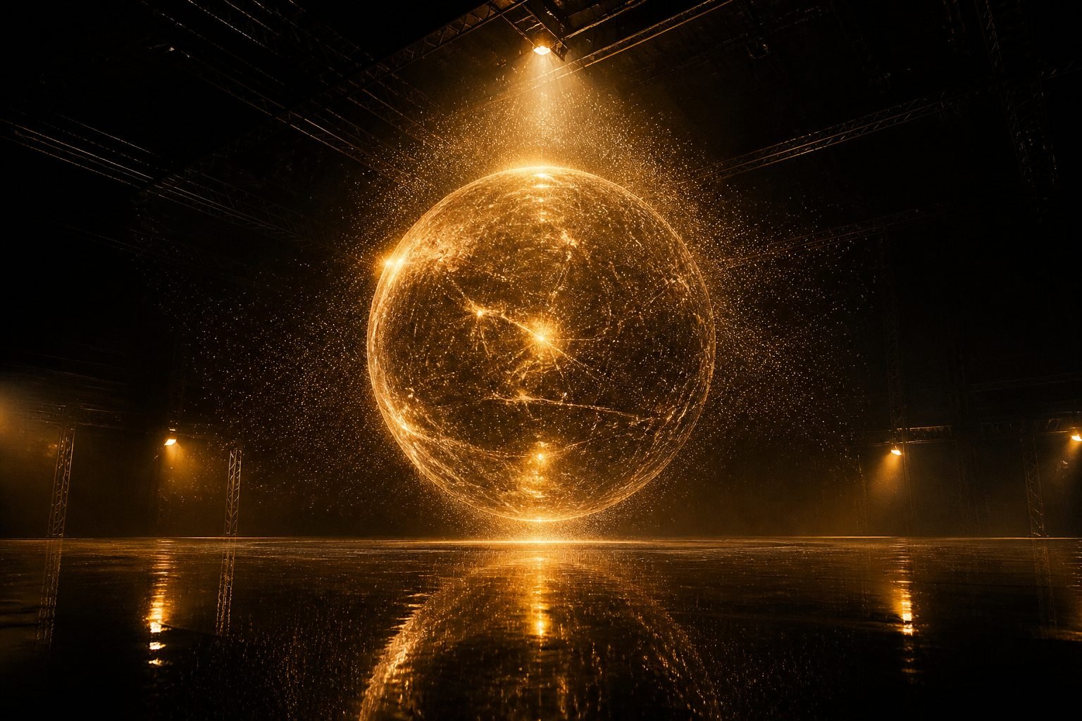Concept render: holographic light sphere above stage floor