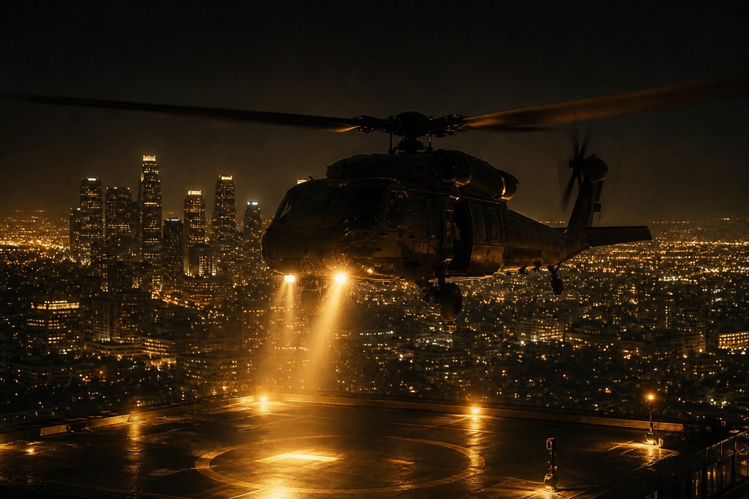 Concept render: helicopter descending over night Los Angeles