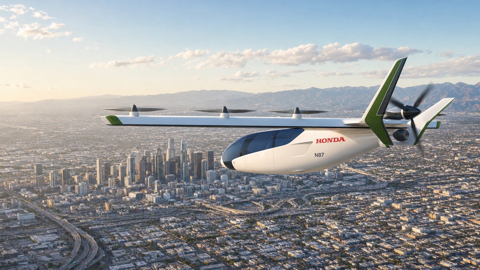 Concept render: Honda Hybrid eVTOL in cruise flight over the Los Angeles basin at dusk