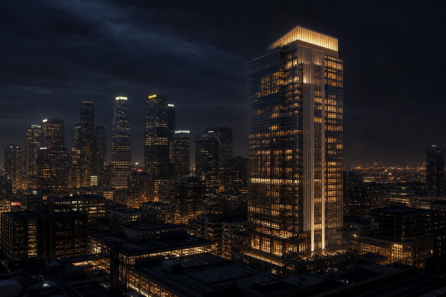 Concept render: downtown Los Angeles skyline at dusk